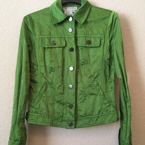 Denim style, grassy green, satin-y coat